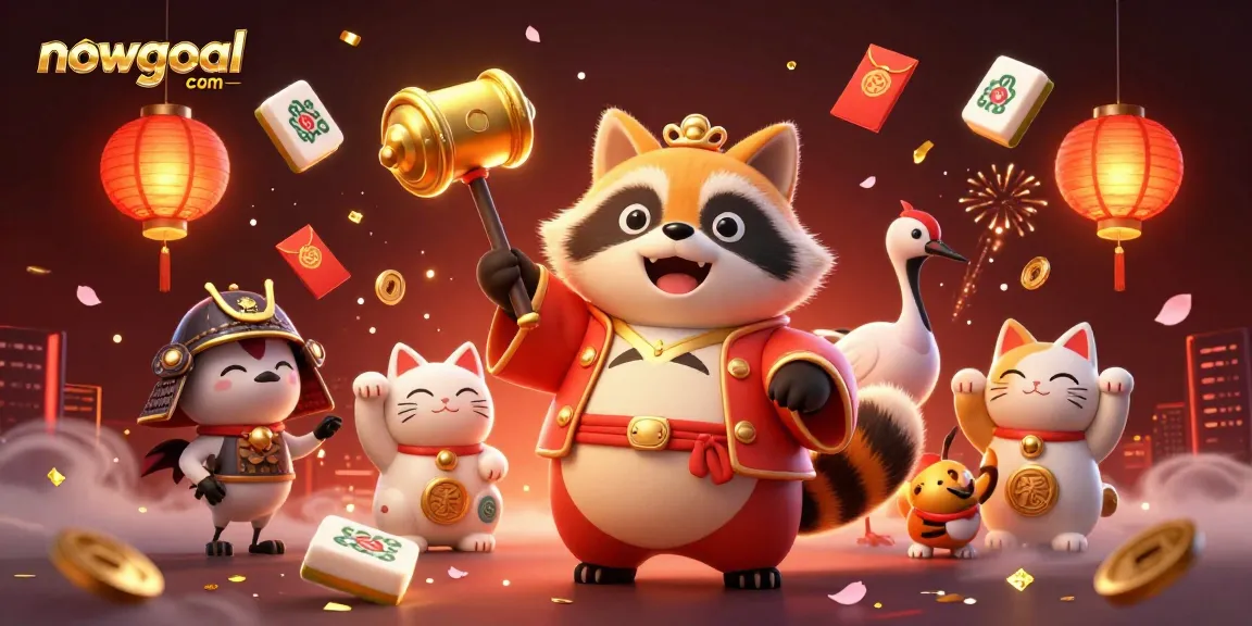 Engage with nowgoal com live scores, featuring a tanuki and crane in a festive casino scene.