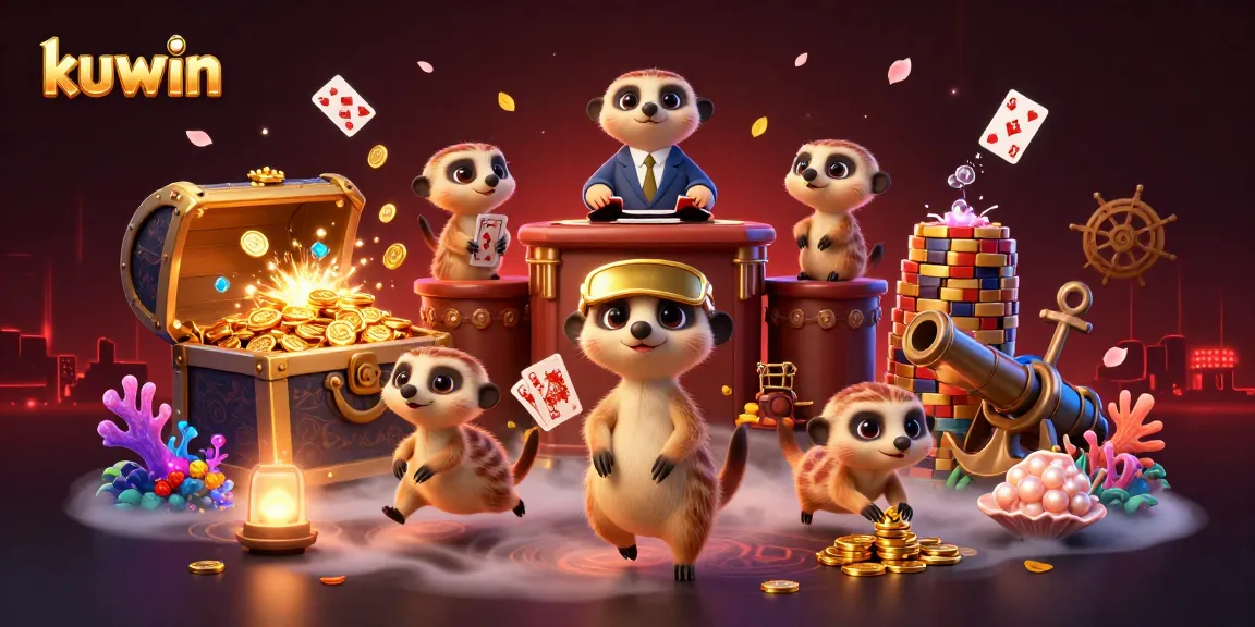 Kuwin's vibrant casino scene with meerkats managing games and treasures.