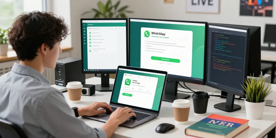 Professional workspace demonstrating WhatsApp下載 process with multiple screens showing app features and engaging tech environment.