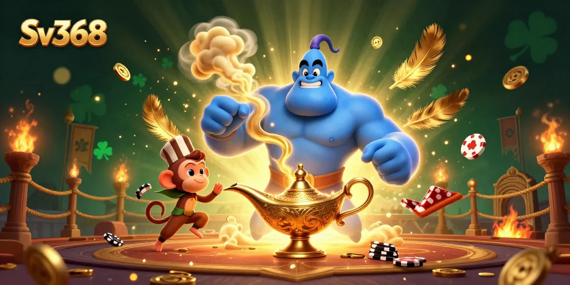 Experience the excitement of Sv368 with vibrant visuals of casino games, golden tokens, and dynamic characters.