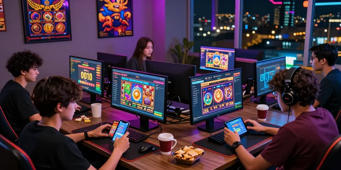 situs slot deposit 10 ribu gaming scene with players enjoying vibrant online slots