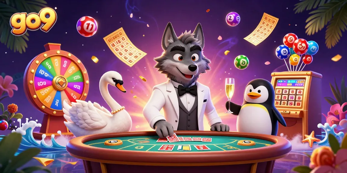 Engage in exciting gameplay at go9 with the debonair wolf and elegant swan amidst colorful lottery elements.