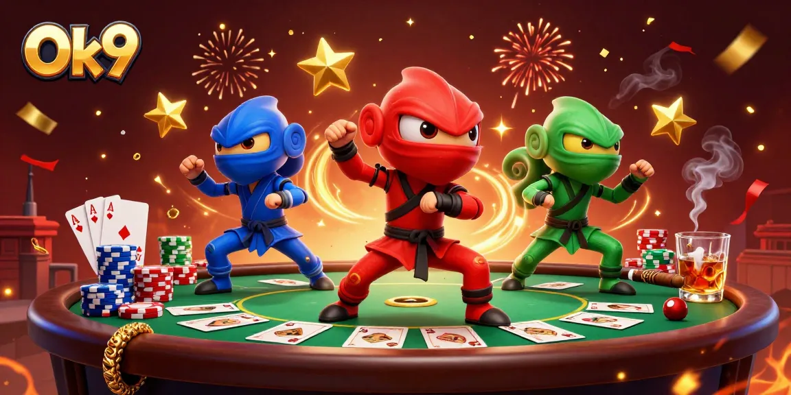 Experience thrilling gaming action at Ok9 with cartoon ninja chameleons showcasing their skills amidst poker elements.