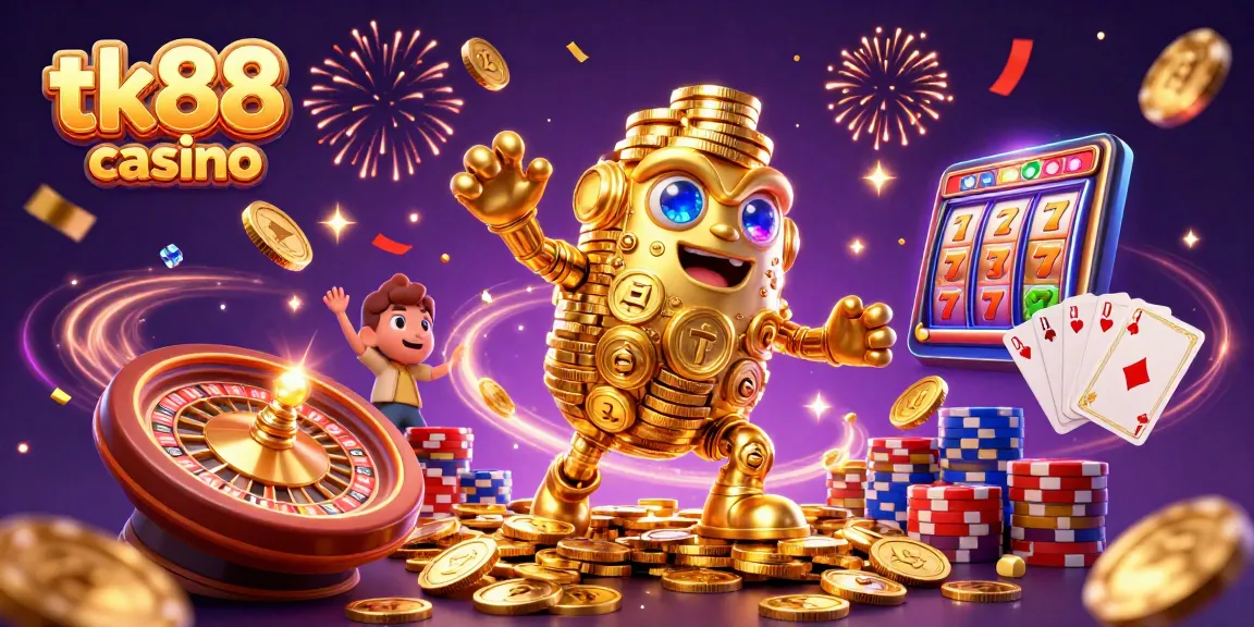 Experience the excitement of tk88 casino with a captivating scene featuring a golden golem and dynamic casino elements.