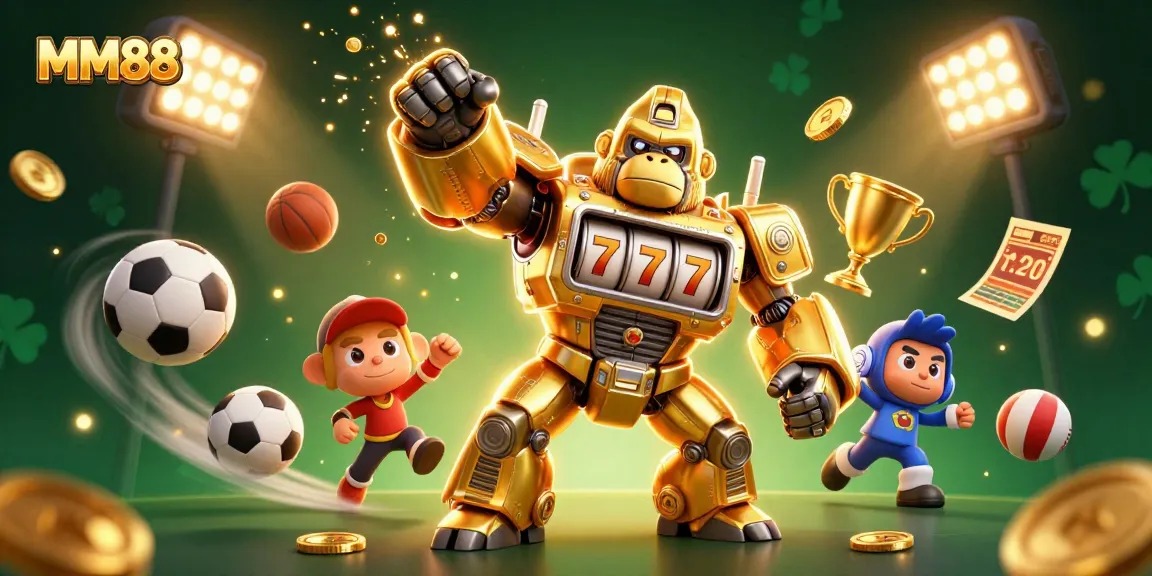 Engage with MM88's thrilling atmosphere featuring a golden gorilla mech and sports elements.