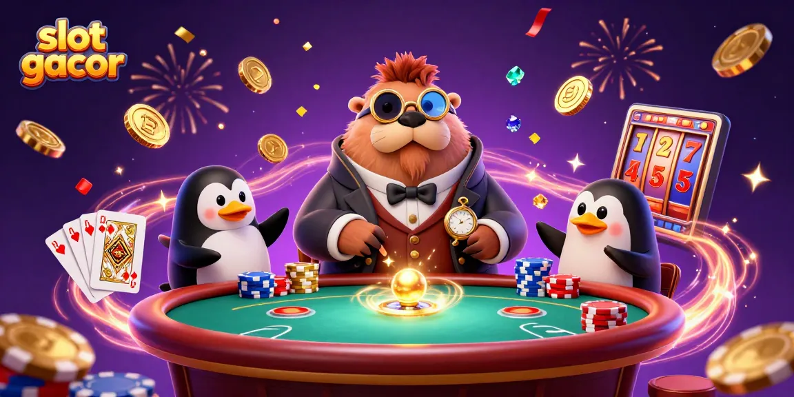 Engage in thrilling gameplay with 'slot gacor' featuring a jolly walrus, penguin dealer, and lively poker atmosphere.