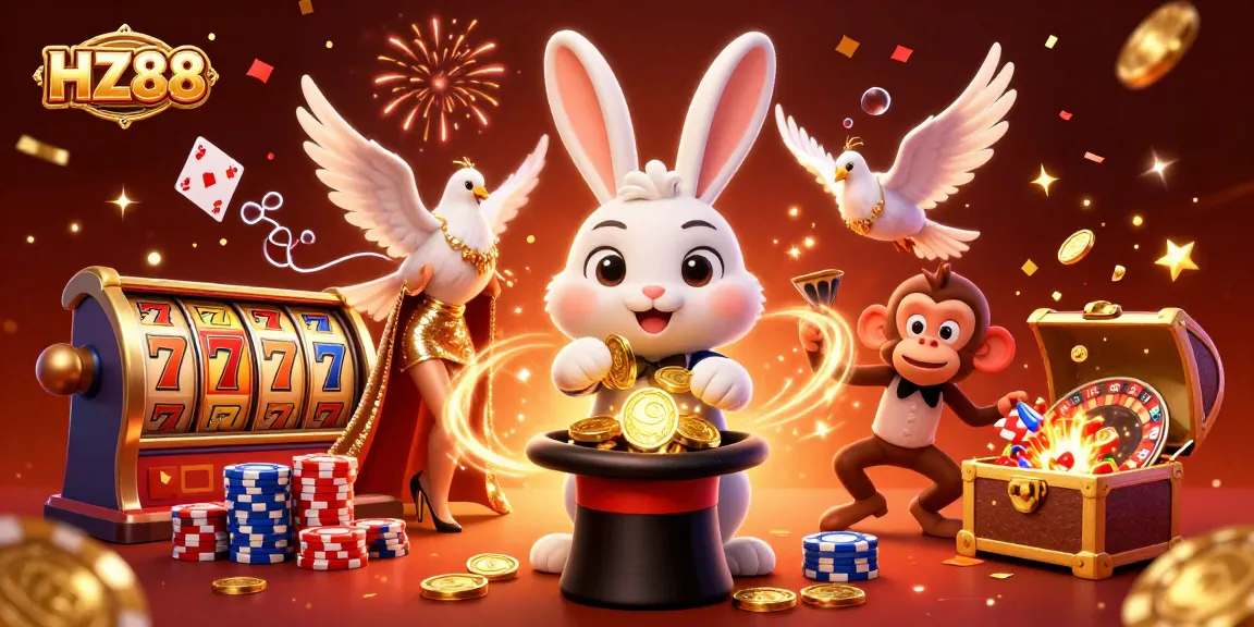 Experience HZ88's vibrant casino magic with a 3D magician rabbit, exciting slot reels, and playful poker chips.