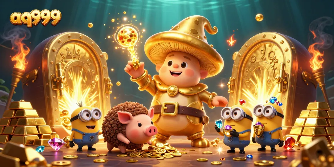 Aq999 illustrates a magical casino scene with golden elements, treasures, and exciting characters