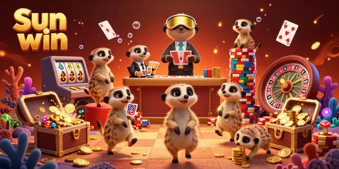Experience the excitement of Sun win with a lively meerkat casino scene featuring dynamic gaming elements.