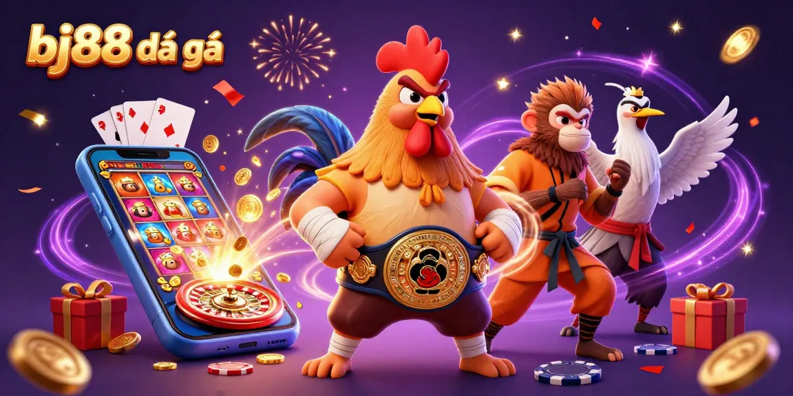 Engage in bj88 đá gà with a dynamic scene of roosters, martial artists, and casino excitement.