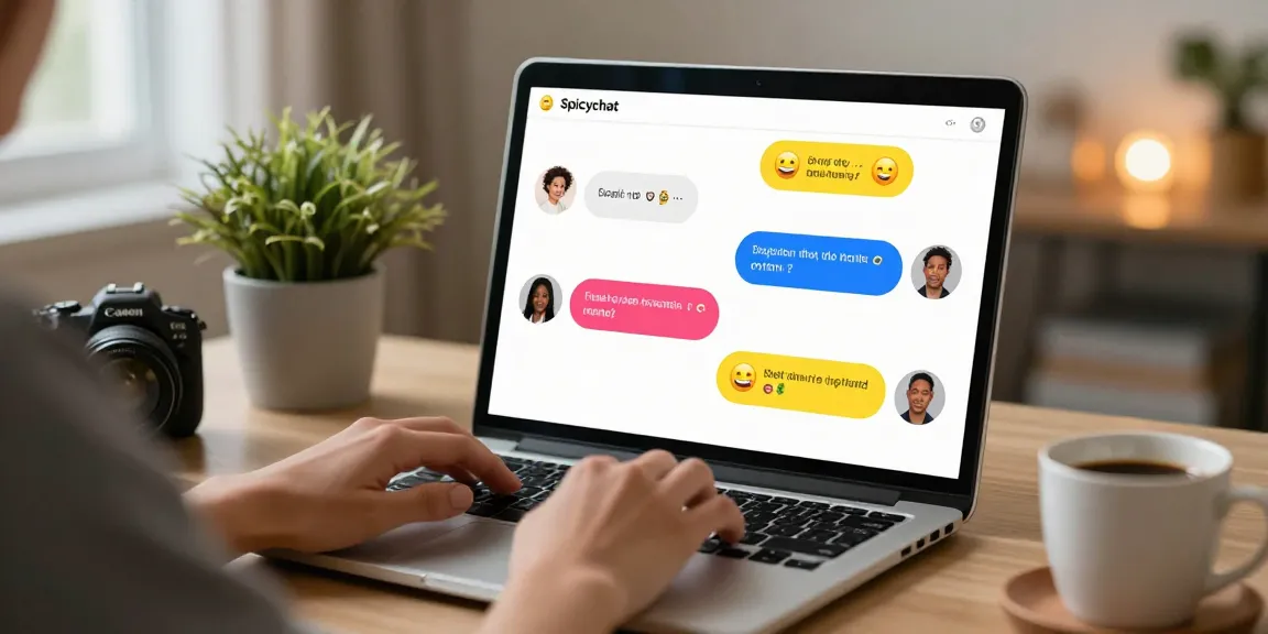 Interactive spicychat chat interface displayed on a laptop in a cozy home setting, emphasizing vibrant communication and connection.