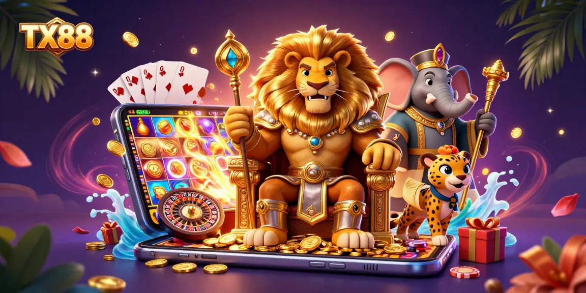 Engage in thrilling games at TX88 with a fierce lion king and vibrant casino elements.