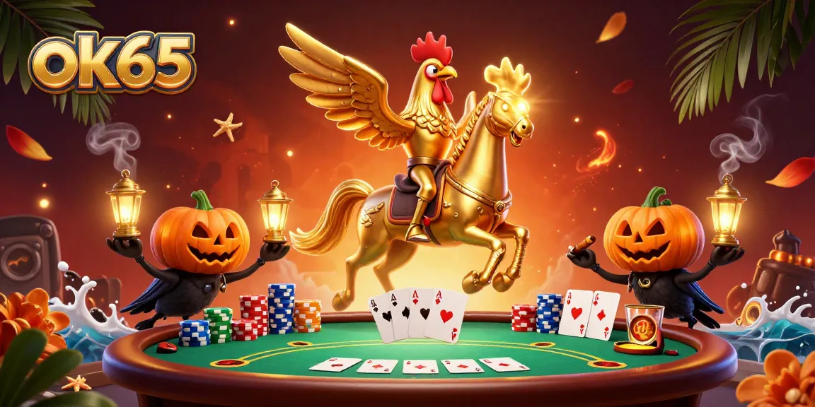Experience thrilling moments with ok65 as a golden rooster shines in a vibrant casino scene.