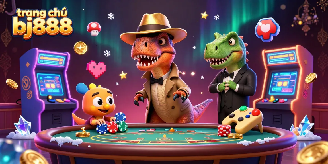 Engage in thrilling gameplay at trang chủ bj888 with cartoon dinosaurs at a blackjack table and vibrant arcade elements.