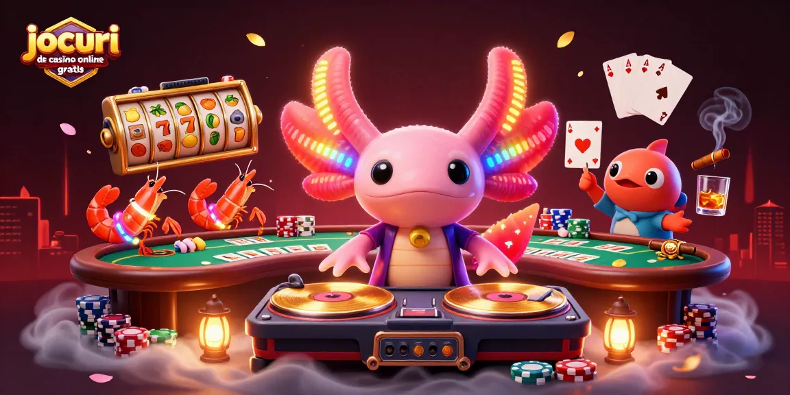 Joacă jocuri de casino online gratis cu un DJ axolotl 3D și strălucitoare așezate în jurul unui masă de poker.