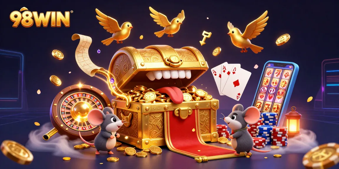 Engage with 98WIN's adventurous casino scene featuring animated treasure chests and riches!