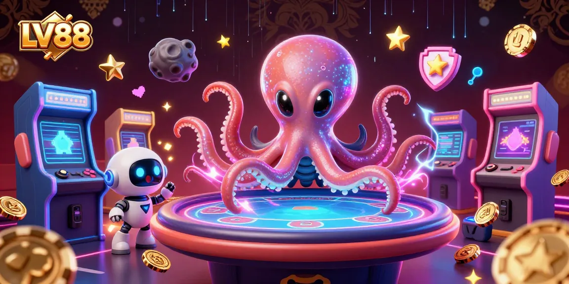 Win big with LV88 at a colorful 3D casino game scene featuring a playful alien octopus and vibrant arcade elements.