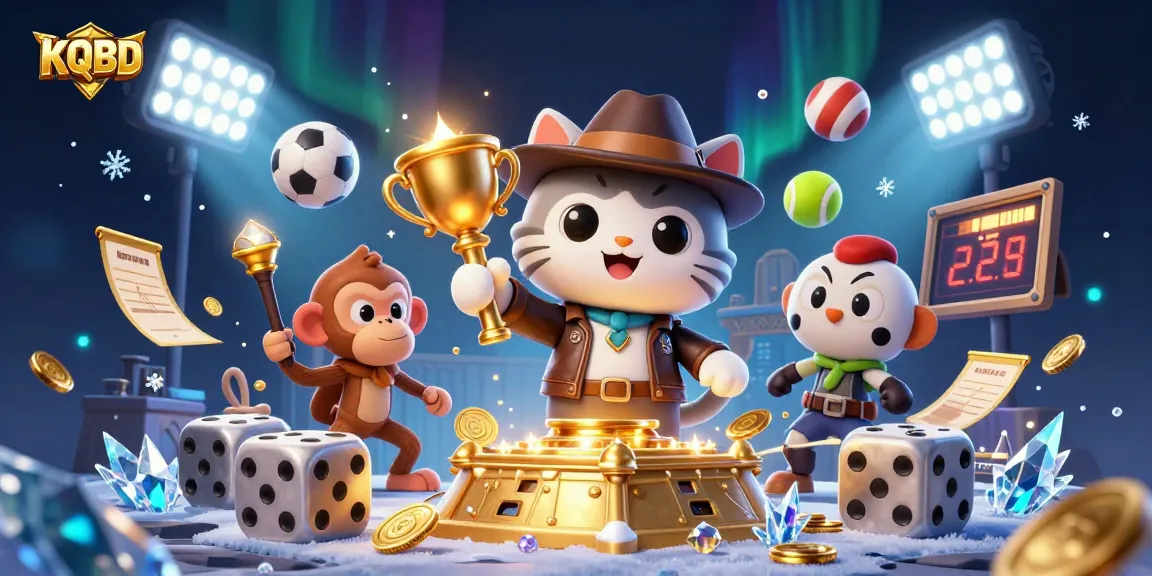 KQBD showcases a playful scene with a cat archaeologist and a monkey discovering a golden casino artifact amidst sports betting excitement.