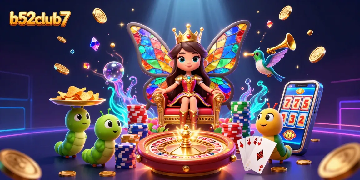Spin the reels at b52club7 with a vibrant casino scene featuring a queen, chips, and a roulette wheel.