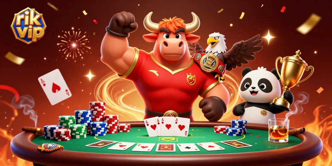 Play exciting games like poker at rik vip with 3D cartoon characters celebrating victory and winning moments.