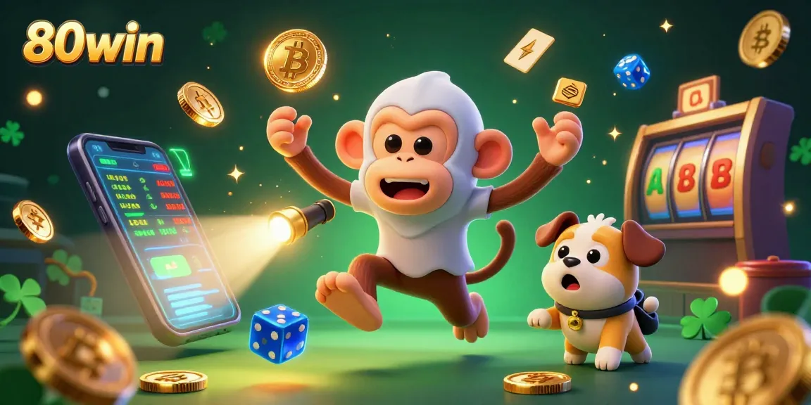Engage in thrilling gambling experiences at 80win with this lively casino scene featuring a playful poltergeist monkey and ghost-hunter puppy.