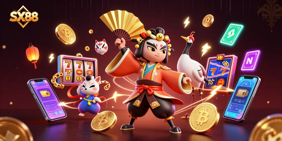 SX88 showcases an exciting 3D casino experience featuring kabuki warrior characters among slot game elements.