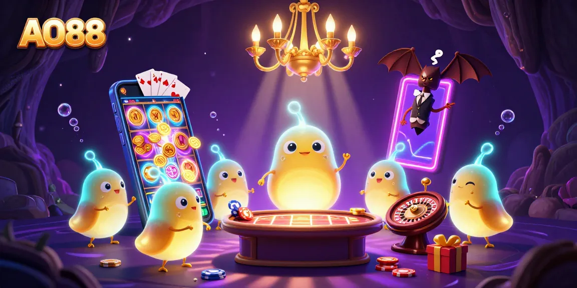Experience exciting gameplay at AO88 with vibrant casino elements and cheerful glowworms illuminating the scene.
