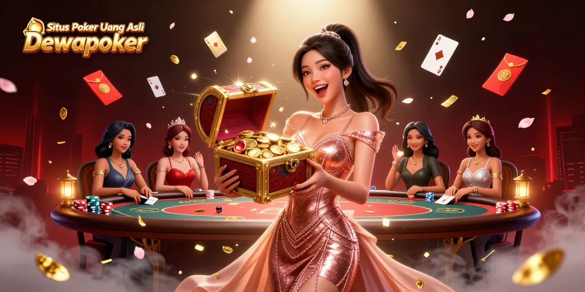 Situs Poker Uang Asli Dewapoker showcases a joyful Asian woman revealing a treasure chest filled with gold coins and poker elements.
