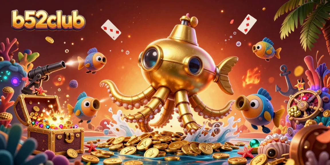 Experience the thrilling adventures at b52club with a golden kraken and treasures in a vibrant casino-themed scene.