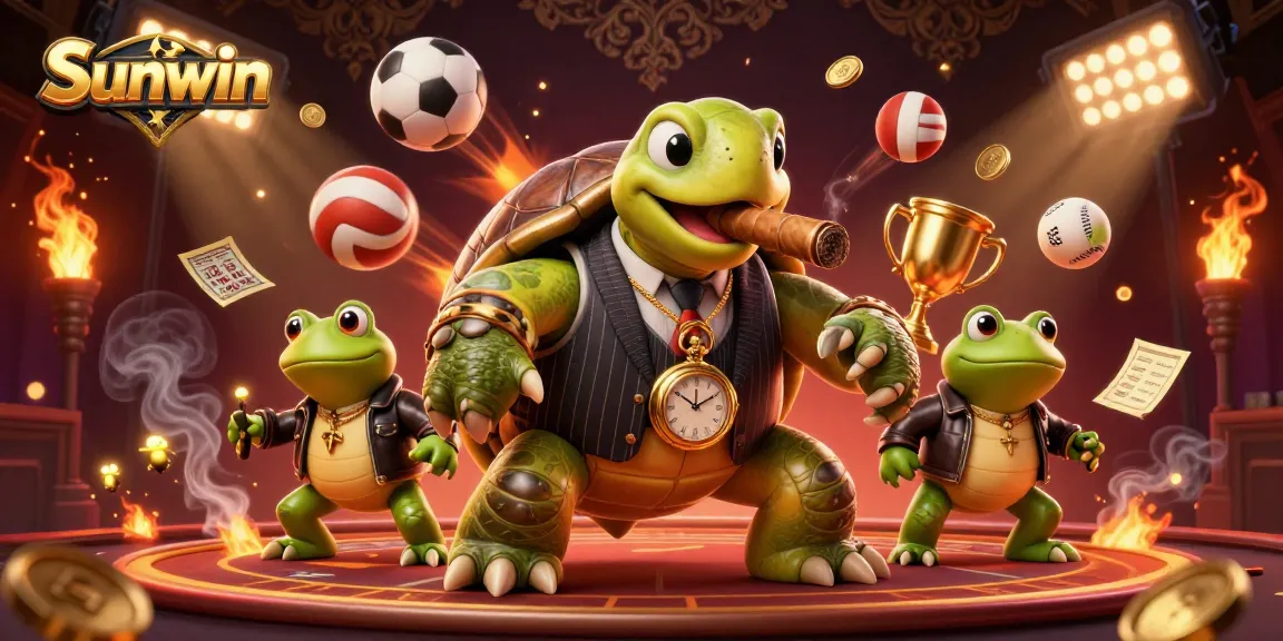 Experience thrilling action with Sunwin's vibrant casino scene featuring a turtle mobster and dynamic sports elements.