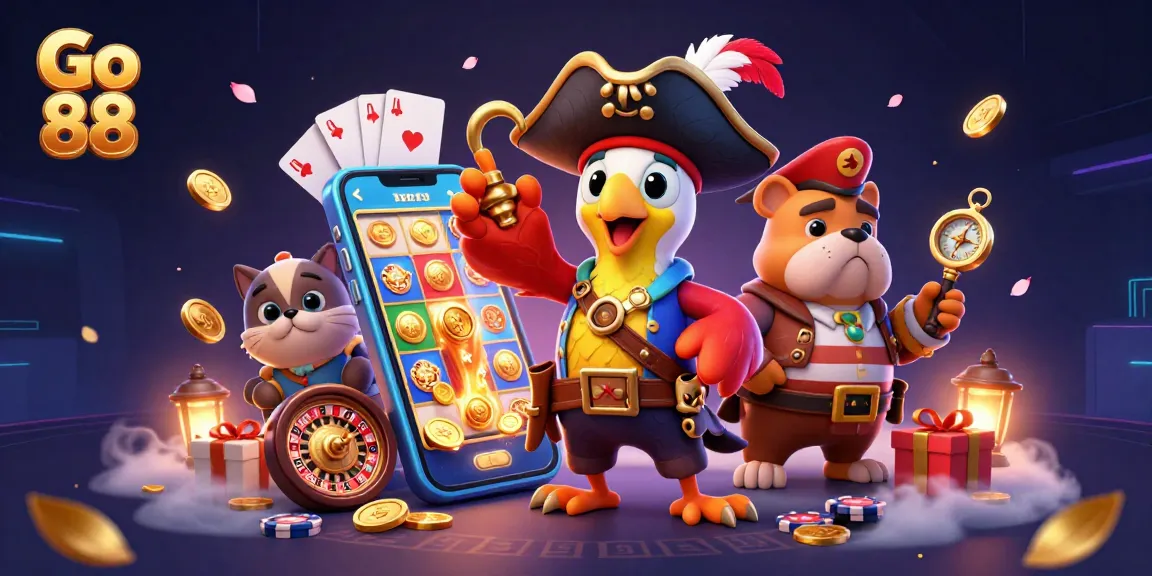 Go 88 engages players with a vibrant 3D casino scene showcasing slot games and lively characters.