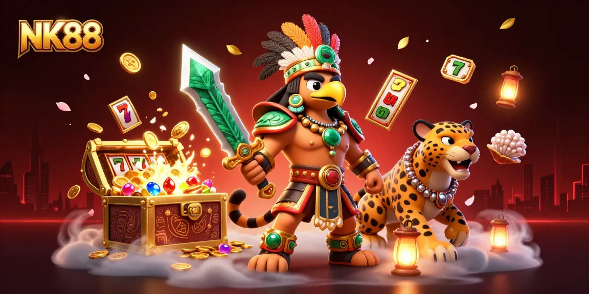 Win big at NK88 with vibrant 3D casino warriors amidst floating slot reels and shimmering treasures.