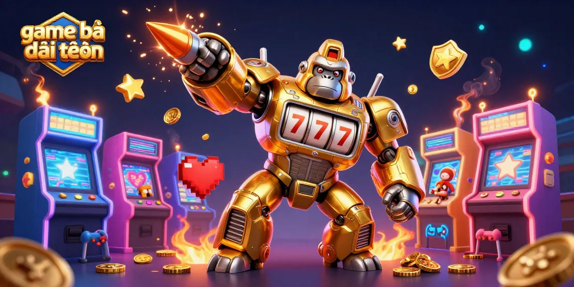 Play exciting game bài đổi thưởng as a golden mech bursts with coins, surrounded by vibrant arcade action.