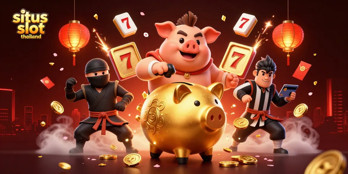 Situs slot thailand showcases a dynamic scene featuring a golden piggy bank wrestler, a wallet-ninja, and a credit-card samurai amidst slot reels and vibrant casino elements.
