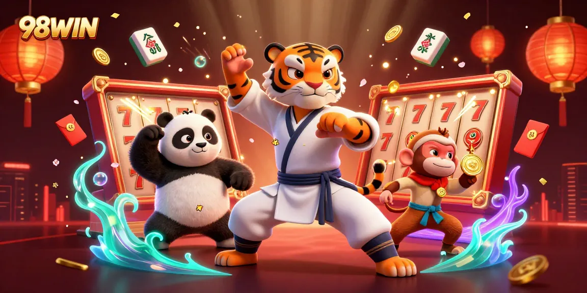 Join 98WIN's exciting casino scene with a kung fu master, panda, and monkey among vibrant games.