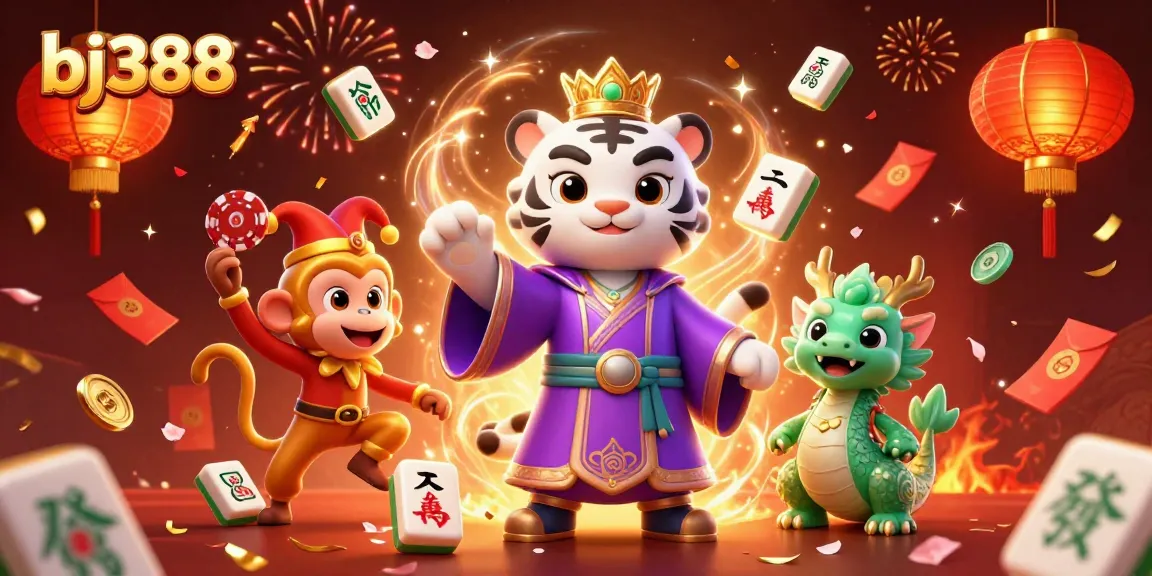 Experience bj388's thrilling casino gameplay with an elegant tiger, monkey, and jade dragon amidst vibrant celebrations.