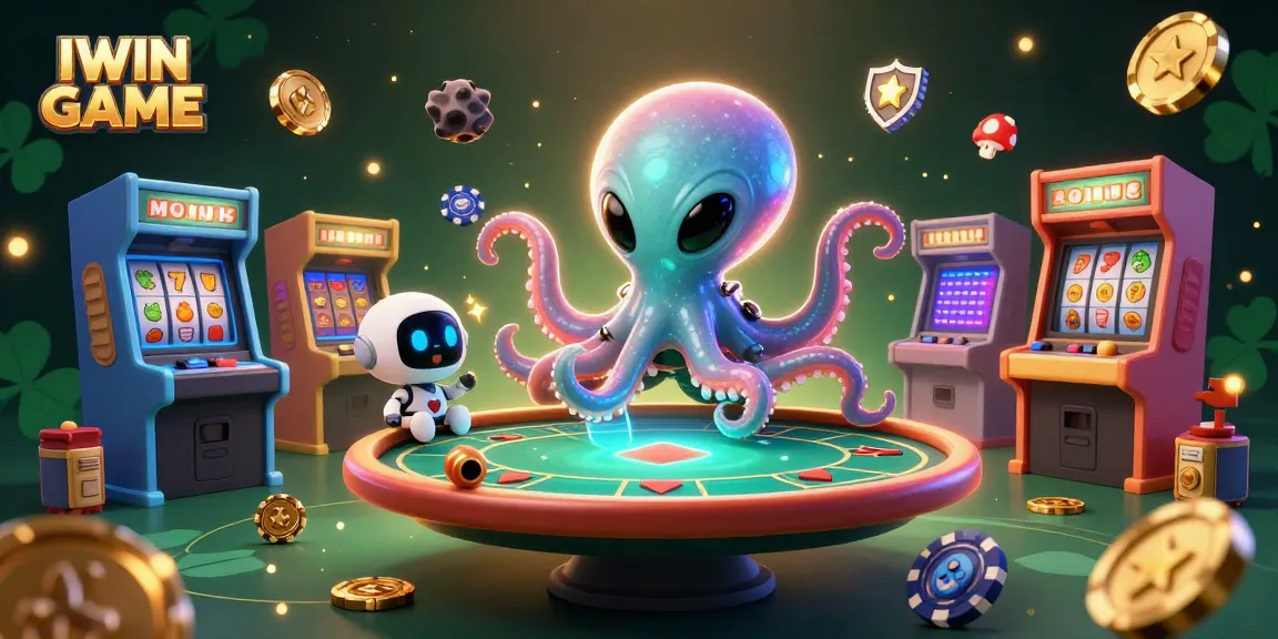 The vibrant IWIN GAME features an alien octopus at a poker table, surrounded by colorful casino elements.
