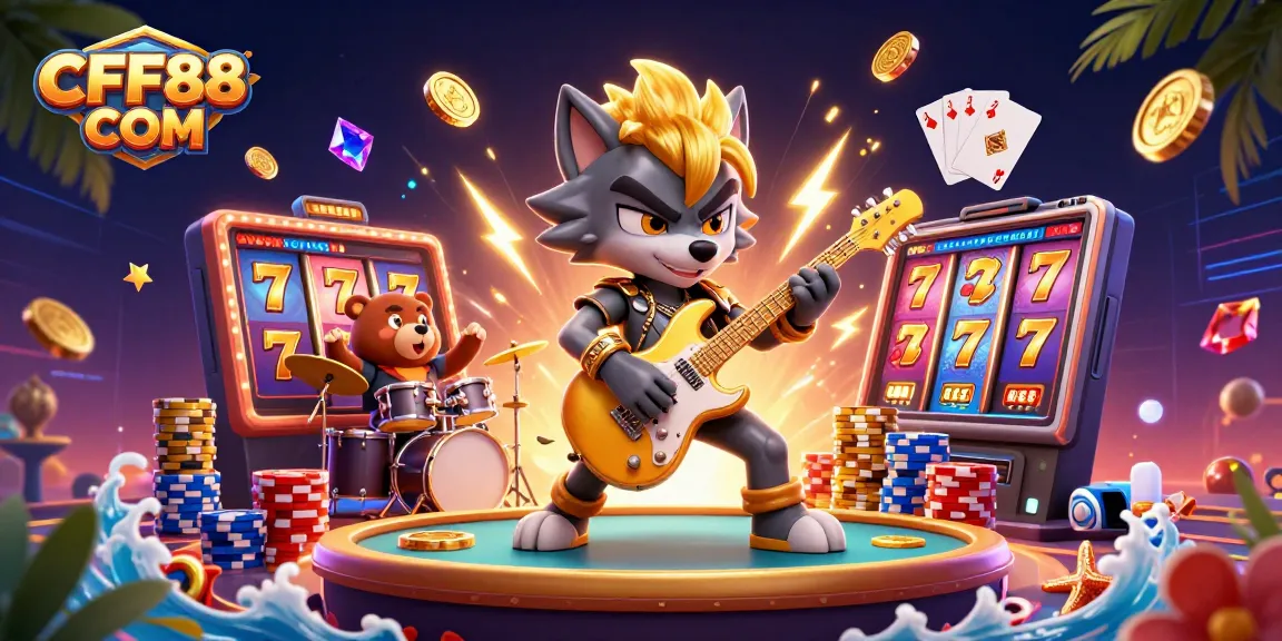 Experience epic thrills with CFF88 COM in this vibrant casino illustration featuring lively characters and slot machine excitement.