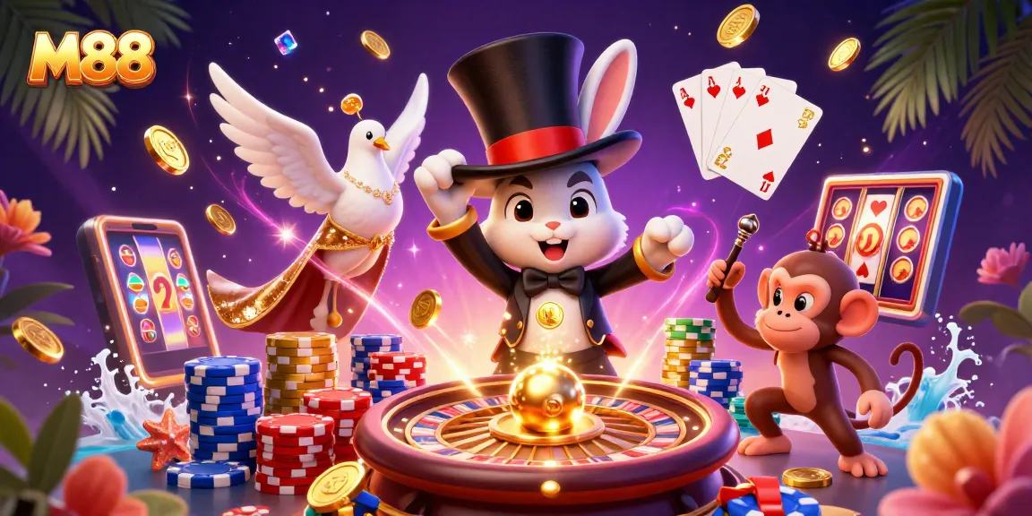 M88 introduces a vibrant scene with a magician rabbit pulling coins, dove, and monkey gambling excitement.