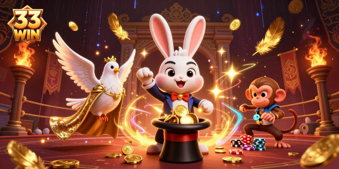 Experience thrilling wins with 33 WIN's vibrant casino illustration featuring a magician and more.