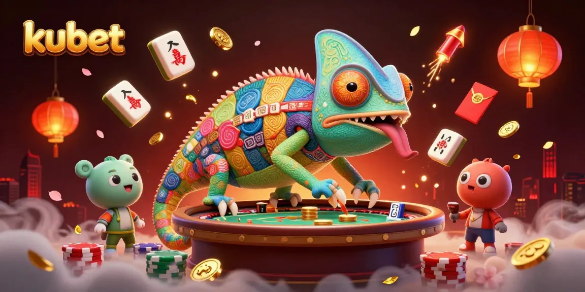 Kubet online casino scene featuring a vibrant chameleon owner, dynamically surrounded by rich gaming elements.