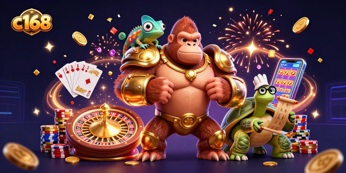Experience exciting gaming with C168's dynamic scene featuring gorilla king, chameleon, and tortoise elder.