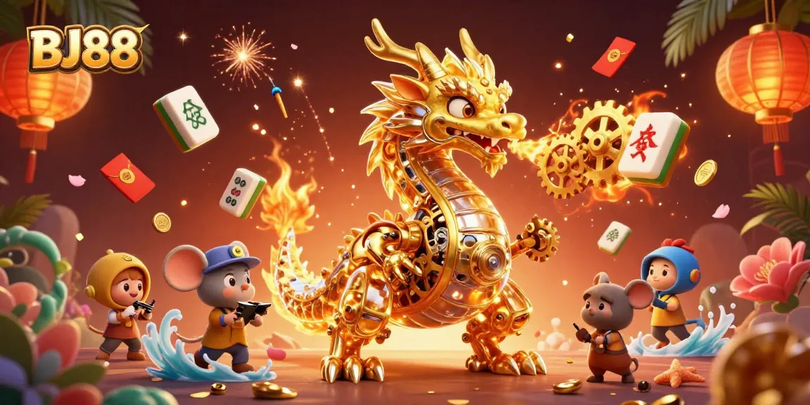 BJ88 presents a lively 3D casino scene with a golden dragon, golden gear effects, and festive elements.
