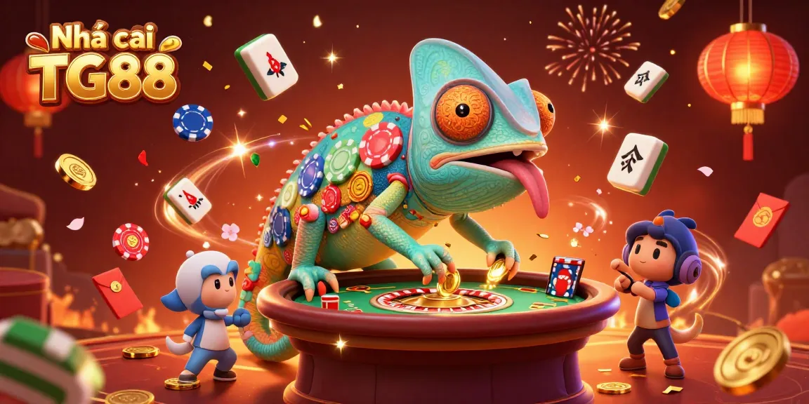 Experience the thrilling world at Nhà cái TG88 with a vibrant casino atmosphere featuring playful characters and festive elements.