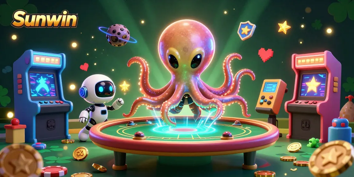 Join the thrilling action at Sunwin as the alien octopus manages a holographic poker table in a vibrant casino atmosphere.