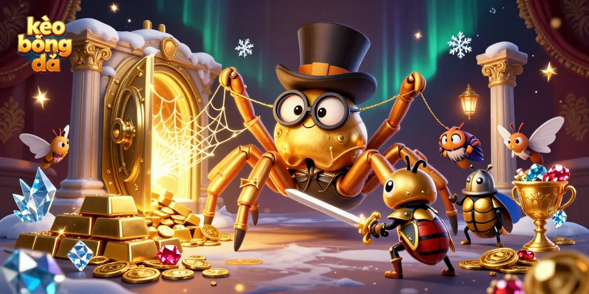 Experience thrilling kèo bóng đá action with a vivid illustration featuring a golden tarantula, a knight, and moth spectators.