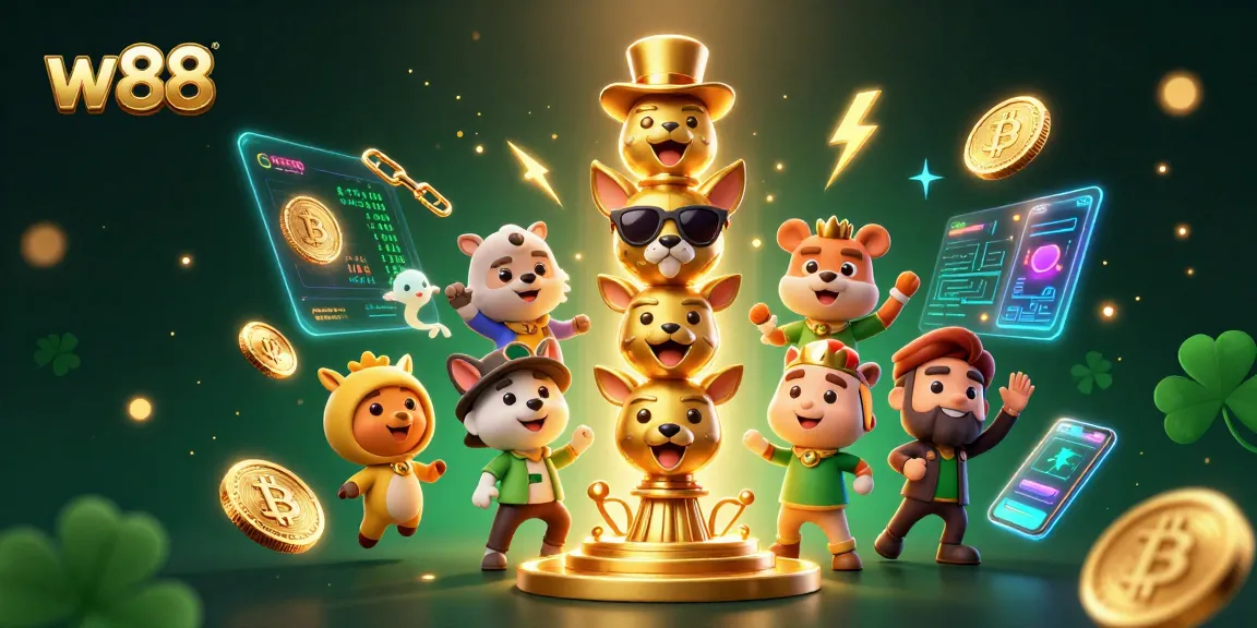 Experience the thrill of w88 with a dynamic 3D illustration featuring casino elements and crypto coins.