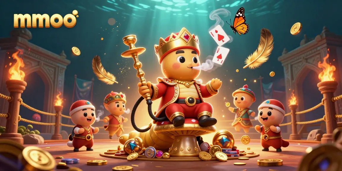 Experience vibrant mmoo casino action with a whimsical caterpillar blowing poker symbols amidst golden tokens.