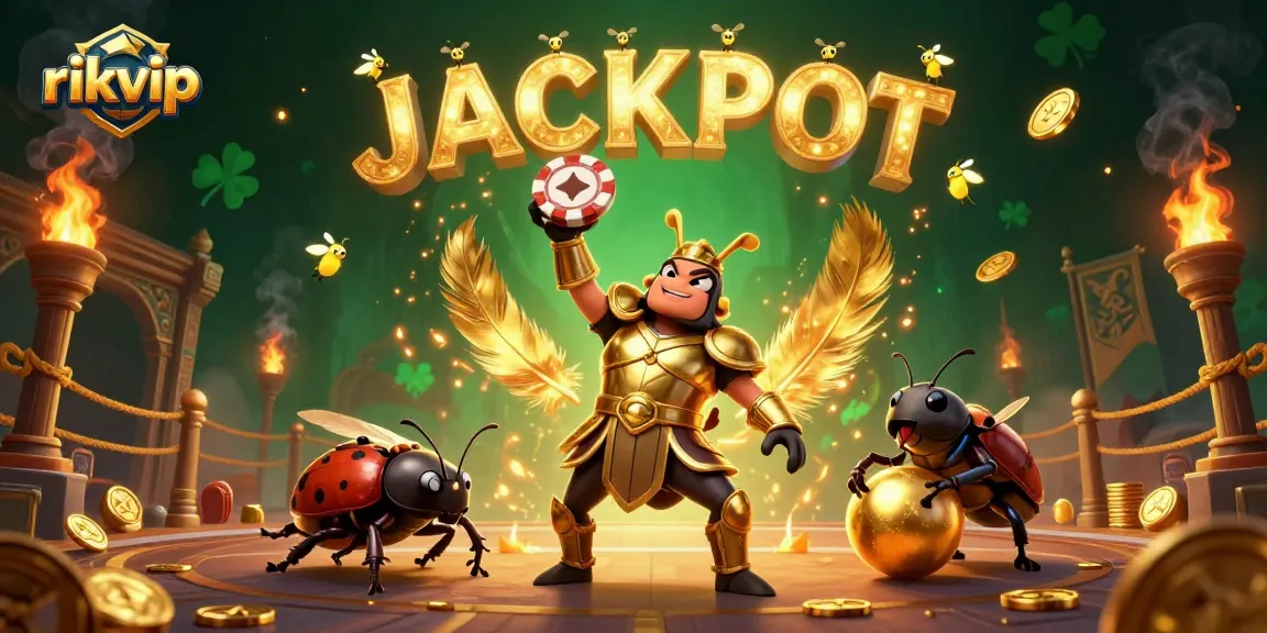 Experience the thrill of rikvip as a hercules beetle celebrates a poker victory amidst cheering fireflies and golden coins.
