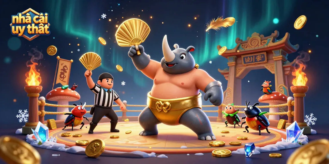 Betting action with nhà cái uy tín depicted in lively 3D illustration featuring a beetle champion and dynamic elements.